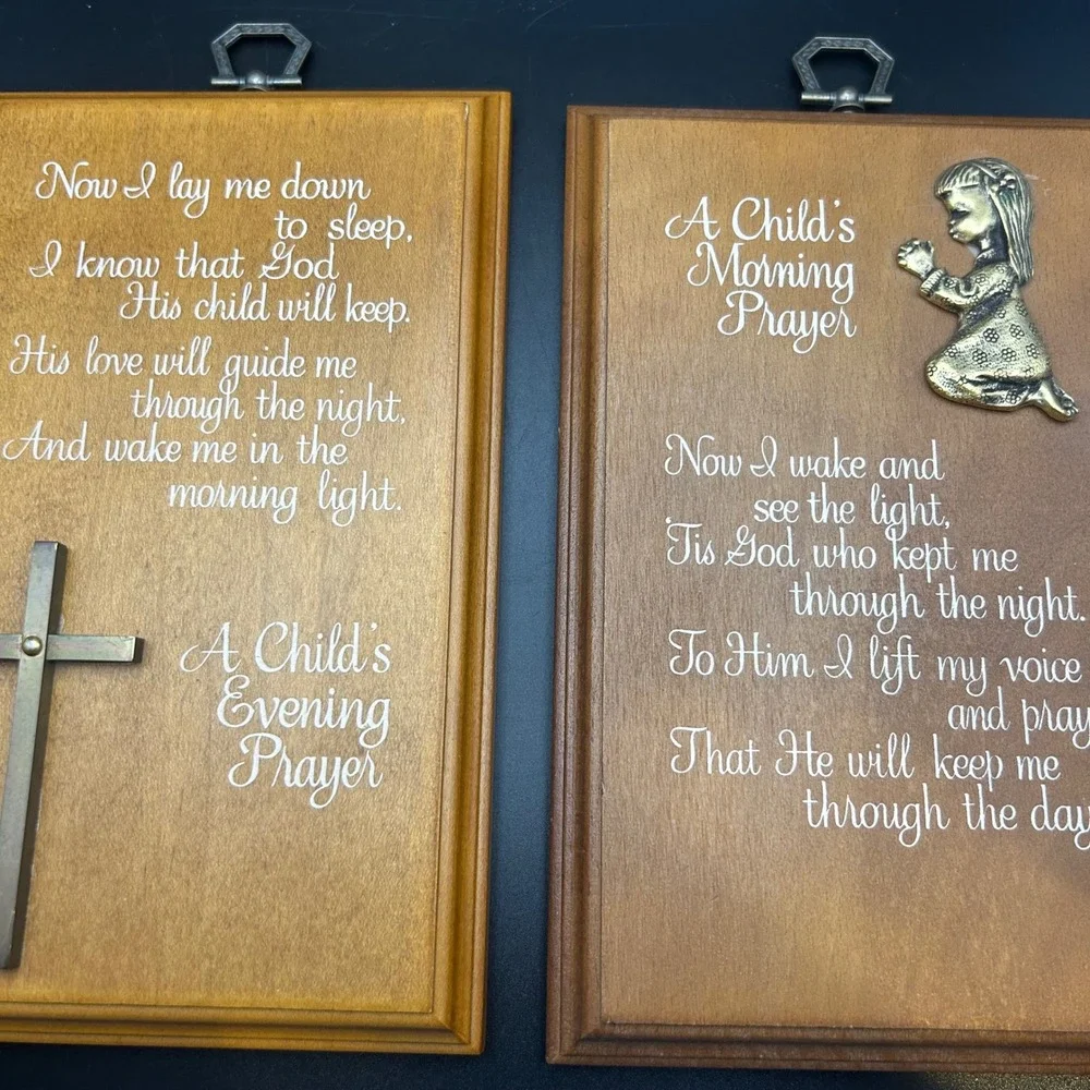 Vintage A Childs Morning and Evening Prayer Wood Wall Plaques Set of 2 Nursery